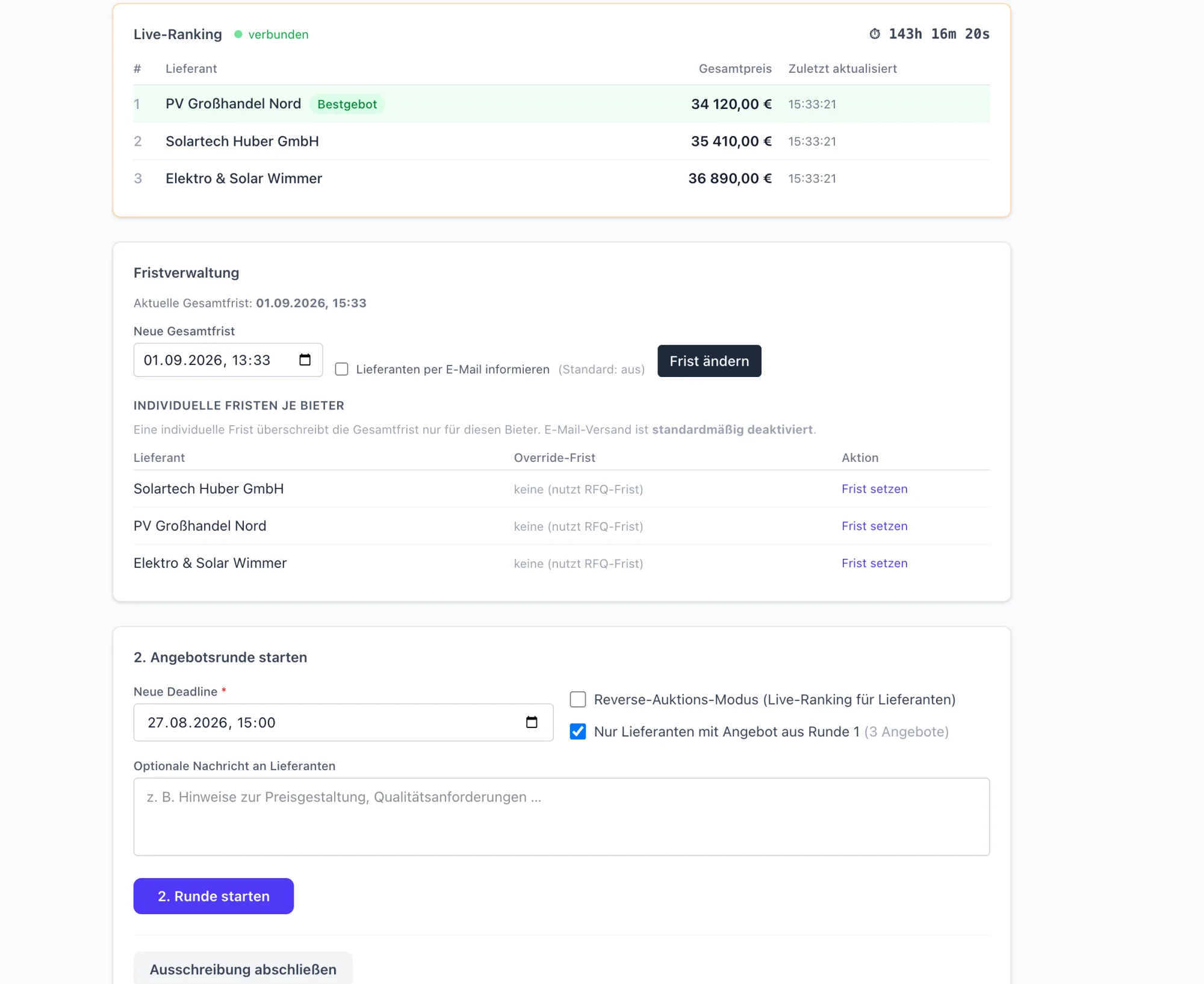 Screenshot: Live-Ranking der Reverse Auction in beschafft.de